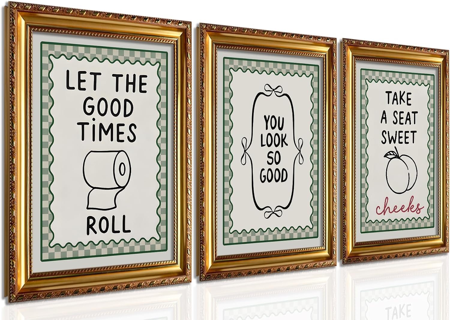 Funny Bathroom Wall Art Set of 3, Gold Framed Green Decor, 10×8 Inch