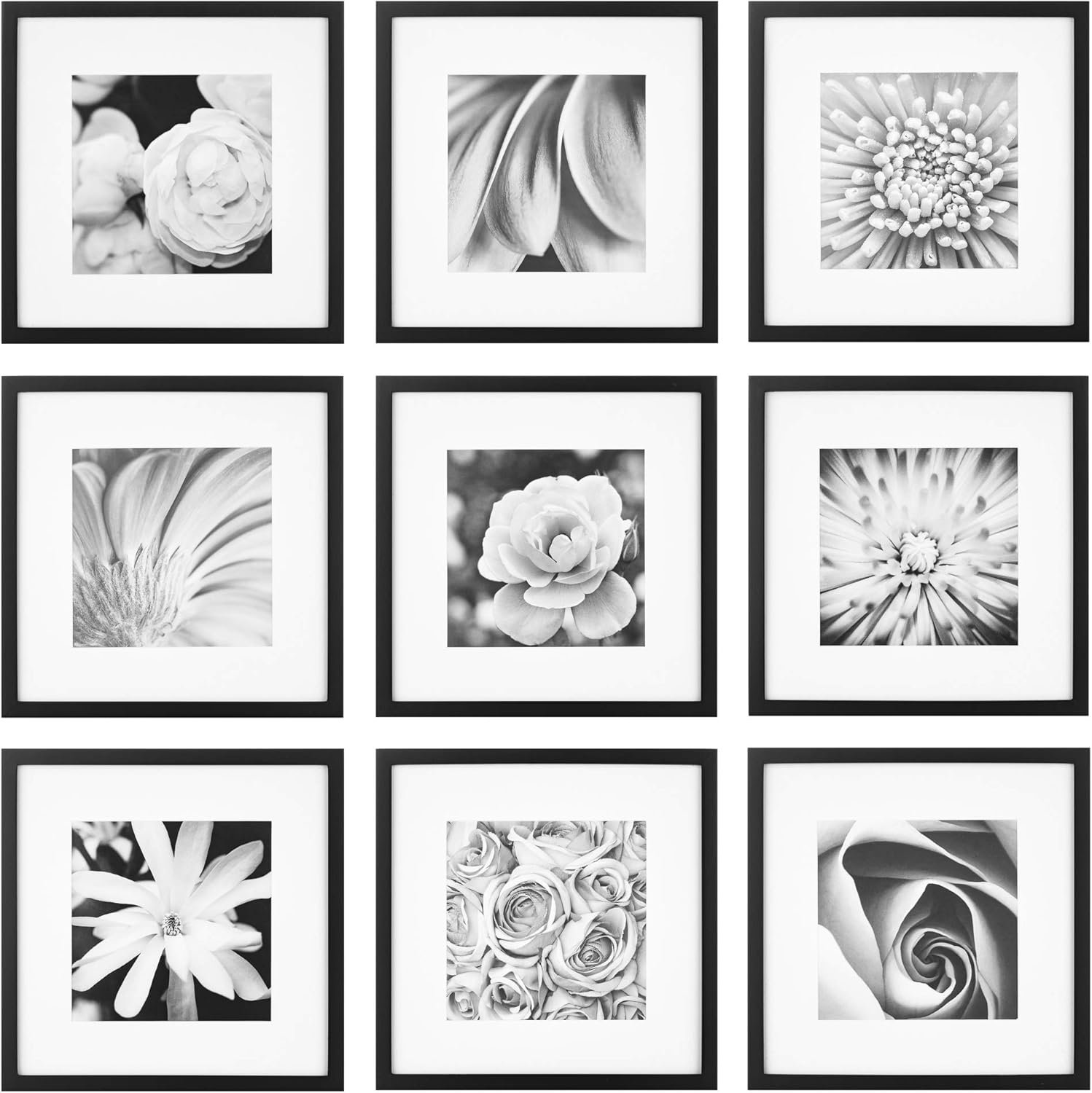 Gallery Perfect 12×12 Picture Frames, 9 Piece Set with Real Glass Cover for 8×8 Photos With Mat, Picture Frames Collage Wall Decor for Gallery Wall, Home Decor, Black