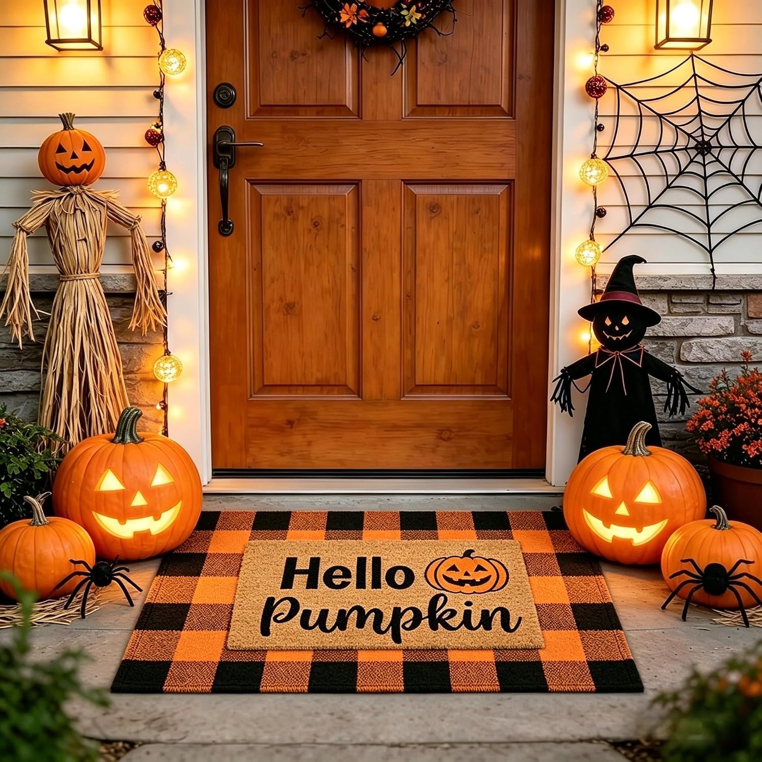 Fall Decor Halloween Layered Front Doormat Set, Hello Natural Coco Coir Door Mat + 28″x43″ Orange Black Buffalo Plaid Rug, Non-Slip Porch Rug Outdoor Entryway Decor for Front Porch, Patio