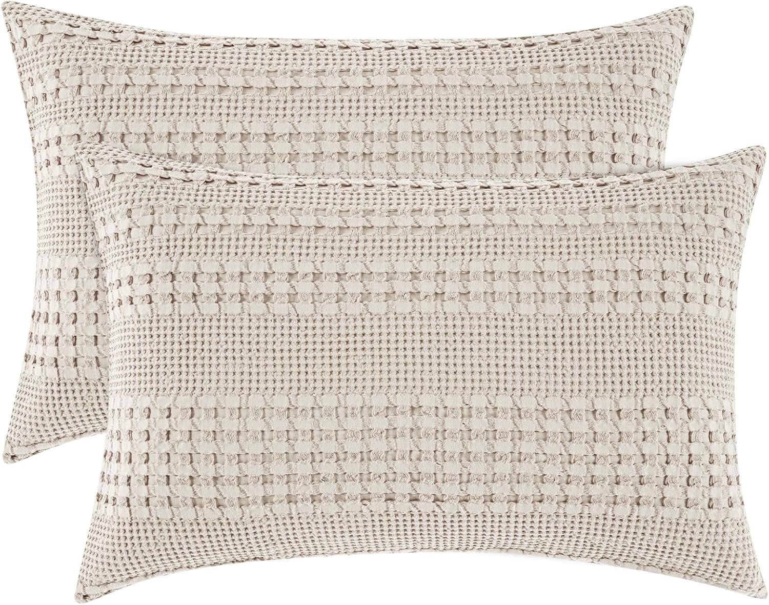 PHF Cotton Waffle Pillow Shams King Size 20″ x 36″, Oatmeal, No Insert