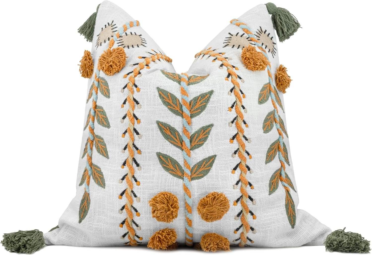 Boho Pom Pom Hand Embroidered 20x20 Pillow Cover, Ivory