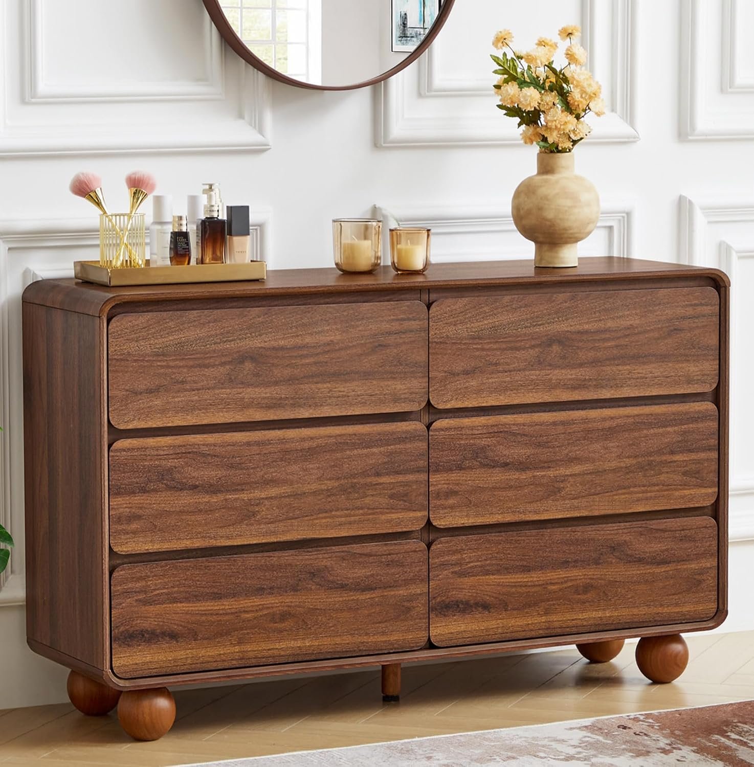 Modern 6 Drawer Dresser for Bedroom, 48″ Wooden Chest of Drawers, Walnut