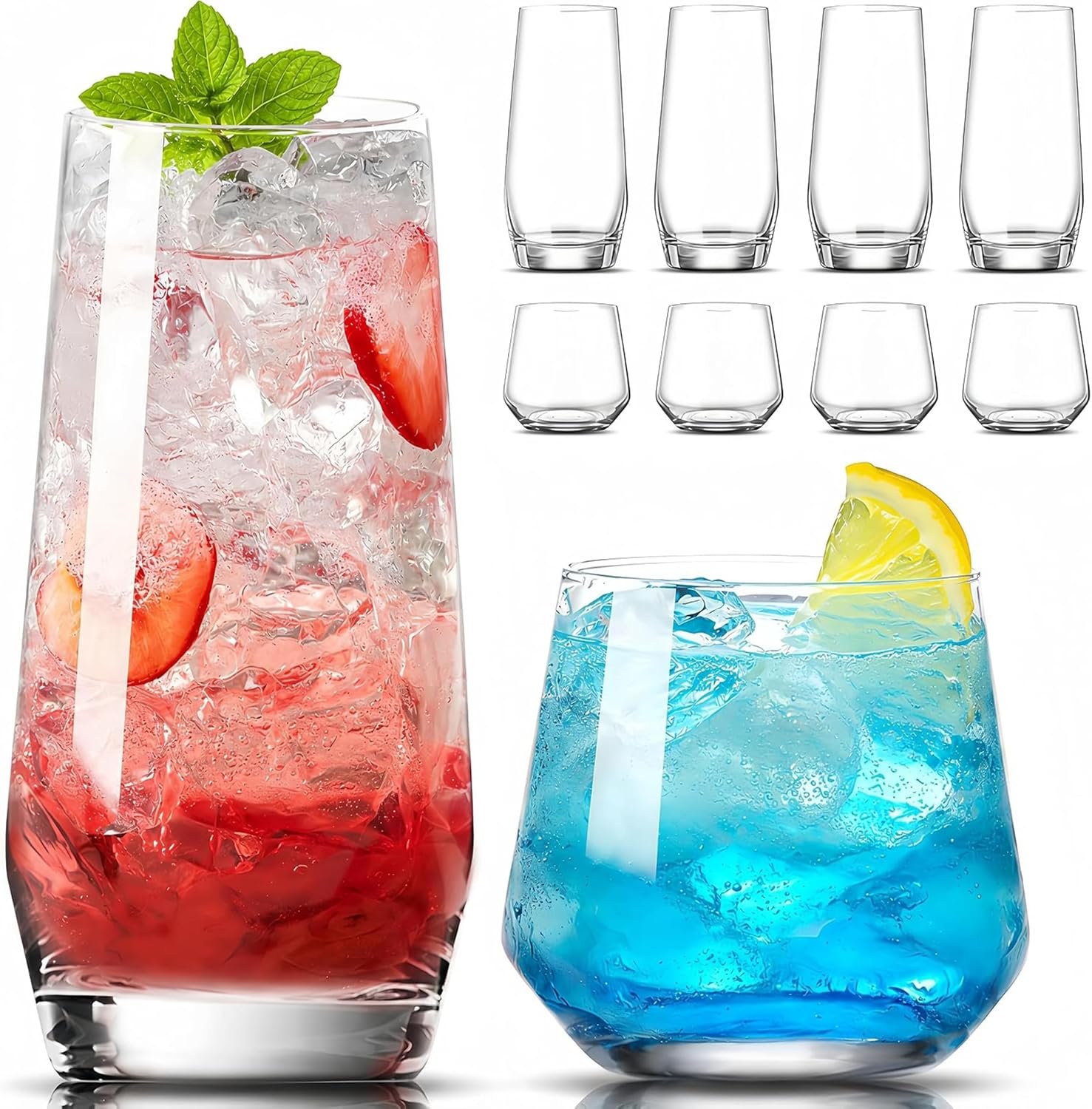 Large & Small Drinking Glasses Set of 8-4 Tall Glass Cups 18 oz & 4 Short Stemless Wine Glasses 13 oz, Highball Glasses, Glassware Sets for Cocktail, Beer, Wine, Whiskey, Water & Juice Drinkware