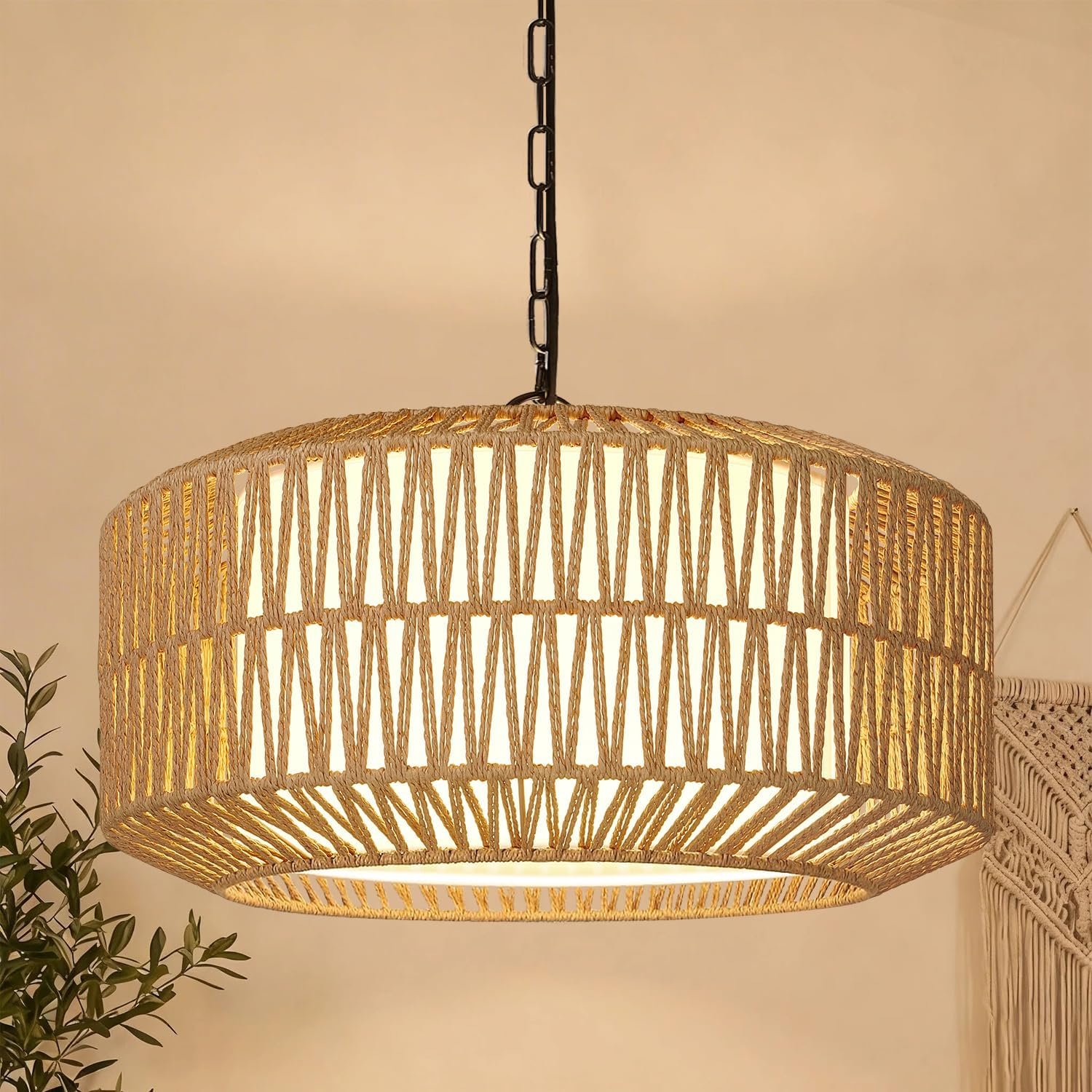 19″ Rattan Chandelier for Dining Room, Boho Dining Room Light Fixture