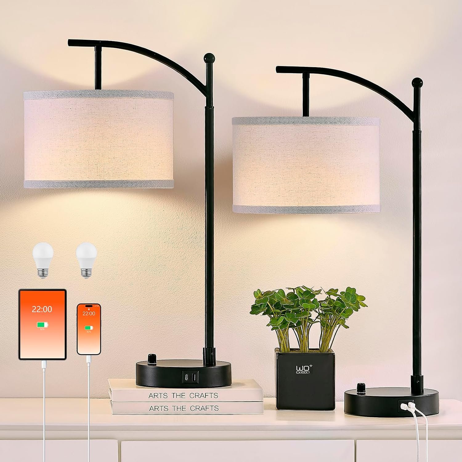 Table Lamp Set of 2, 23.5″ Bedside Lamps with USB C+A Ports, Black