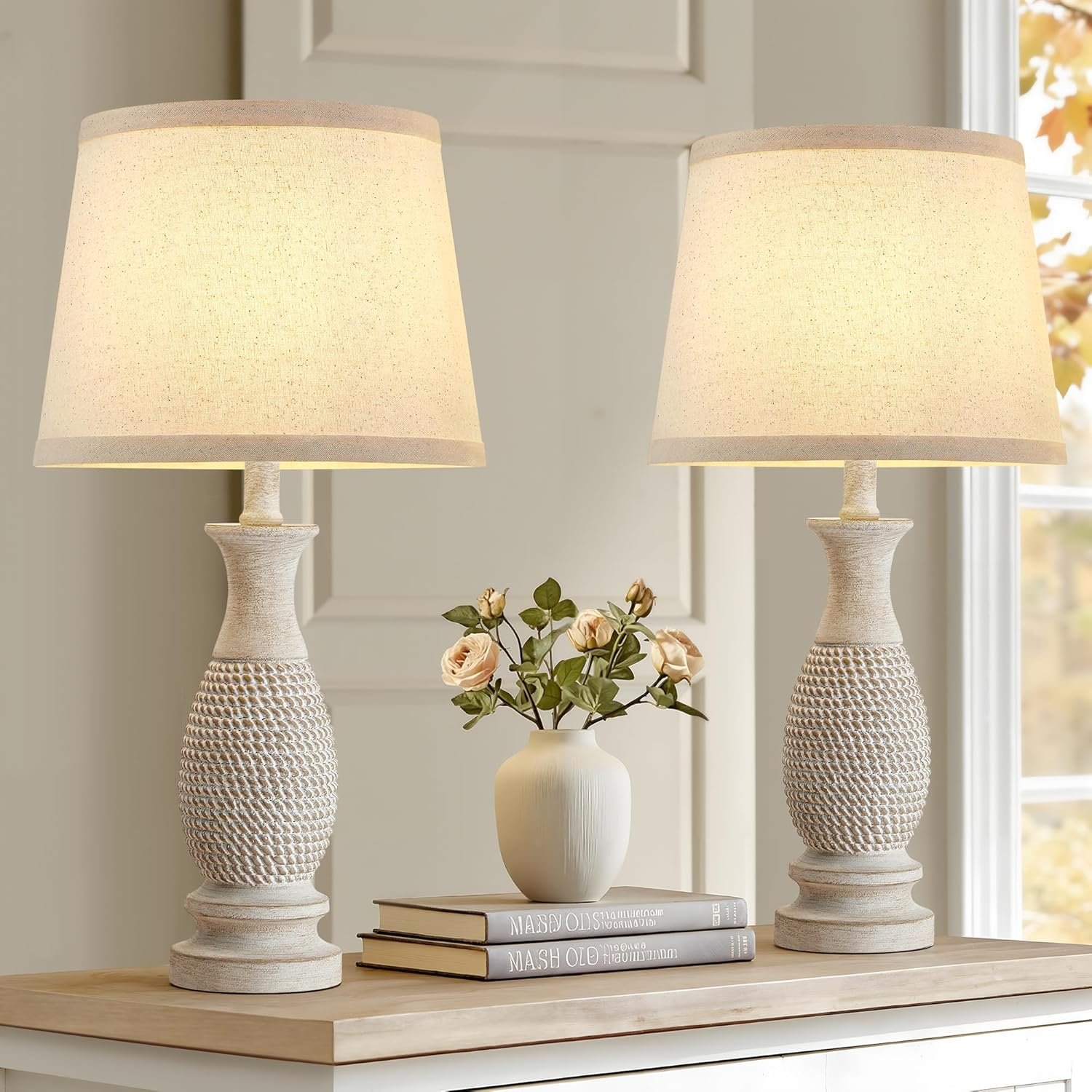 21.6″ Table Lamps Set of 2, Resin Farmhouse Bedside Lamps for Bedroom Cream