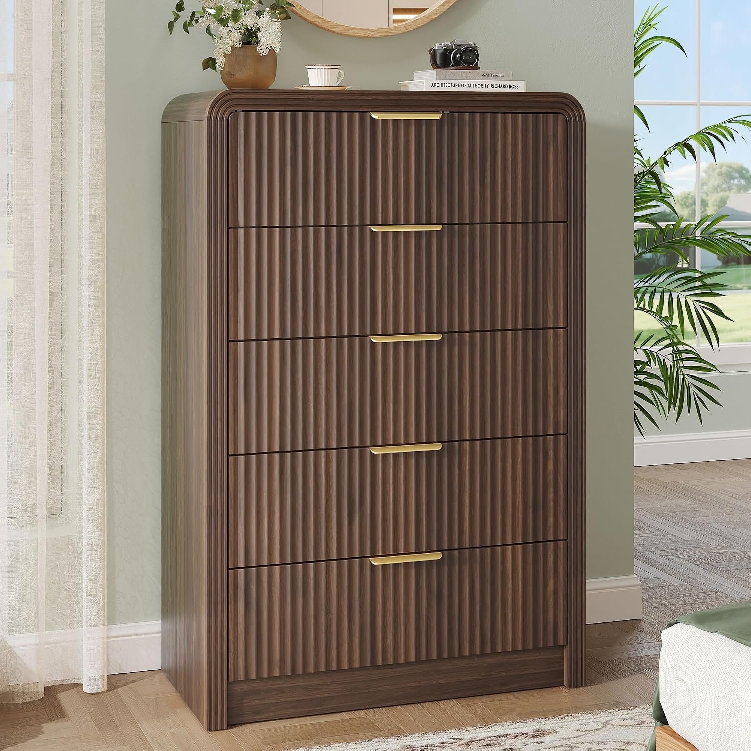 Decofy Fluted 5 Drawers Dresser, 48″ Tall Chest of Drawers for Bedroom