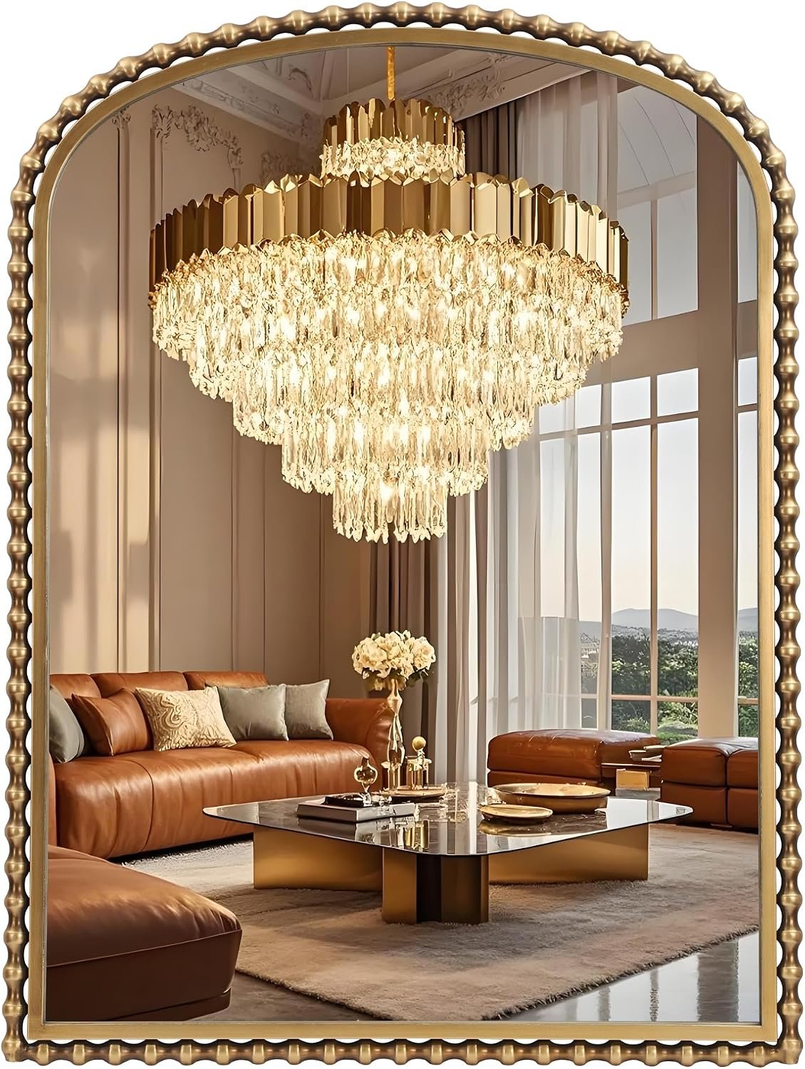 30″x40″ Antique Gold Arched Wall Mirror, Bold Beaded Frame