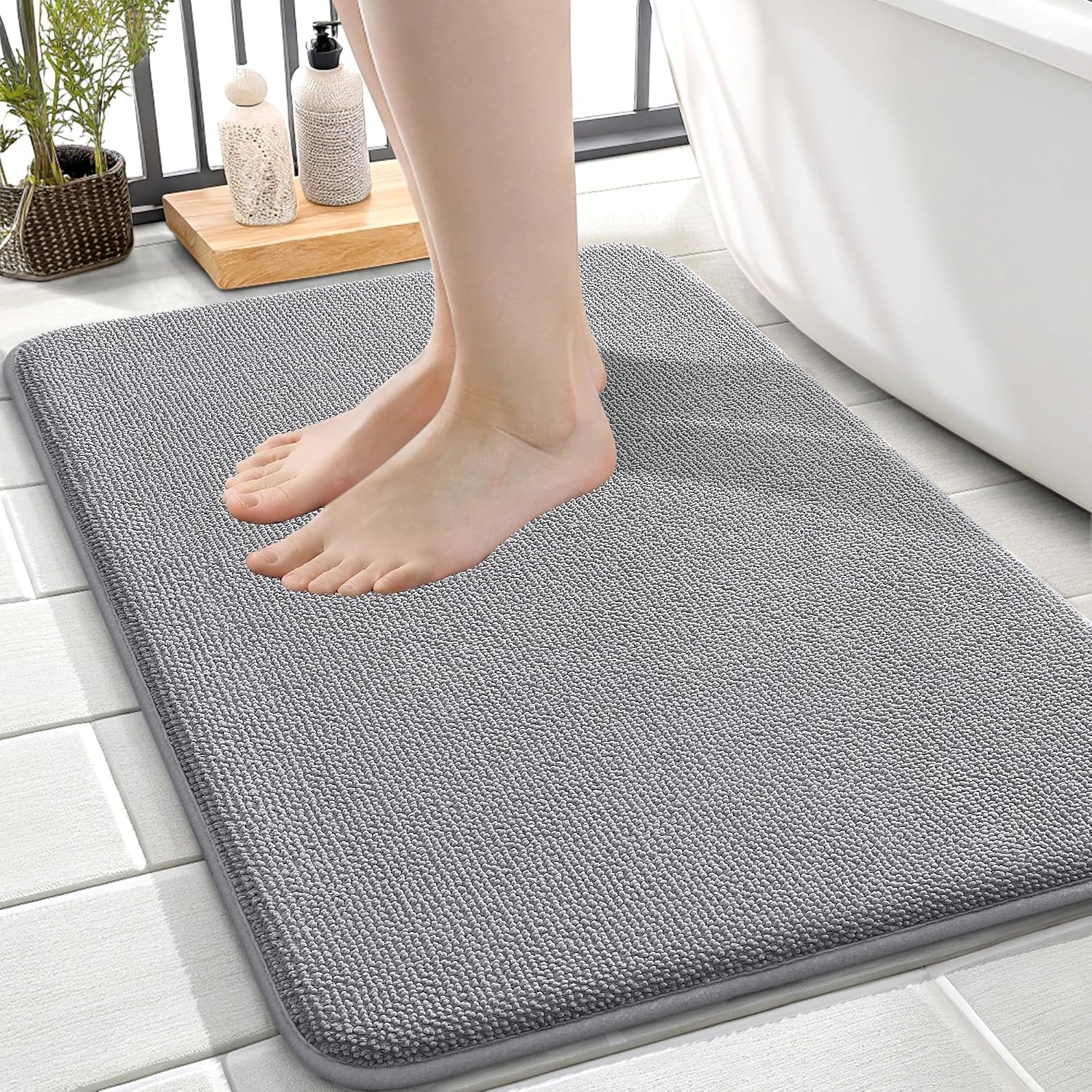 OLANLY Thick Memory Foam Small Bathroom Rug 24×16, Absorbent Bath Mat, Grey