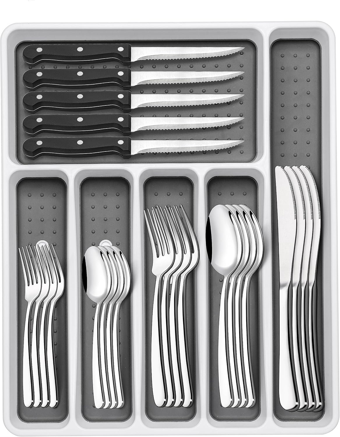 49-Piece Silverware Set with Organizer, Heavy Duty Stainless Steel Flatware Set for 8, Cutlery Utensil Sets with Steak Knives, Rust-proof, Mirror Polished, Dishwasher Safe, Heavy Duty