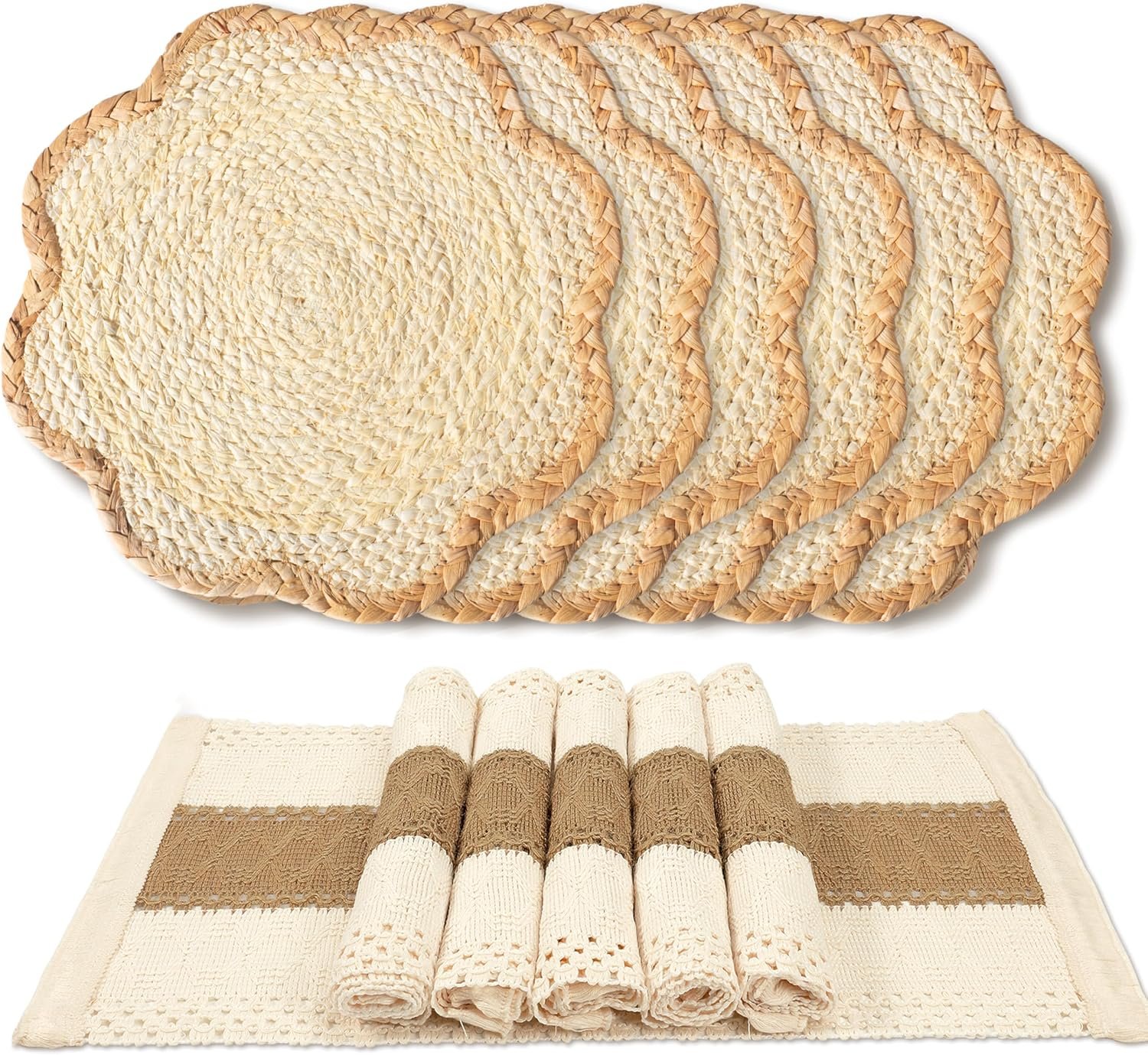 6pc Sunflower Rattan Placemat Set, Woven Boho Table Mats, Natural