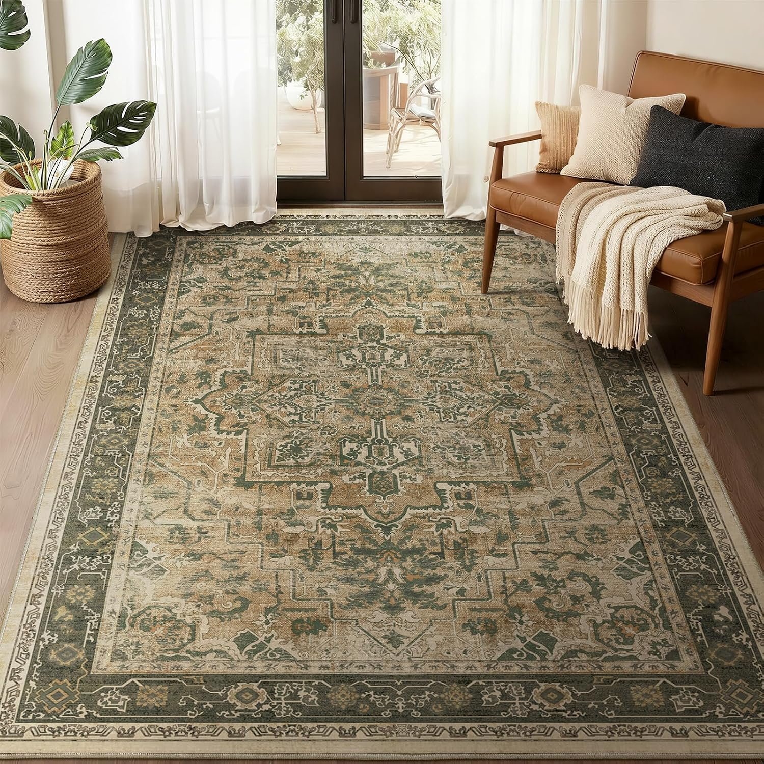 Vintage Distressed 5×7 Area Rugs for Living Room Bedroom Non Slip Washable, Medallion Pattern Printed Low Pile Thin Carpet Rugs for Dining Room/Kitchen/Home Office, Multi Brown Olive Accents