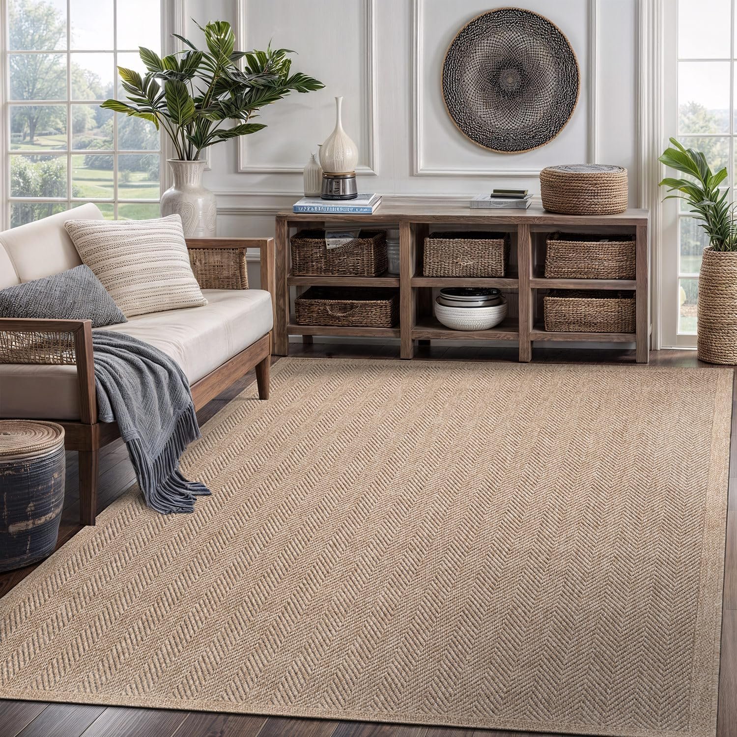 Easy Jute Rug 5×7, Indoor Outdoor Natural Color Fiber Area Rugs for Living Room Patio and Bedroom Rug Herringbone Seagrass Woven Design Easy-Cleaning, Washable Outside Carpet Alfombras 5 x 7