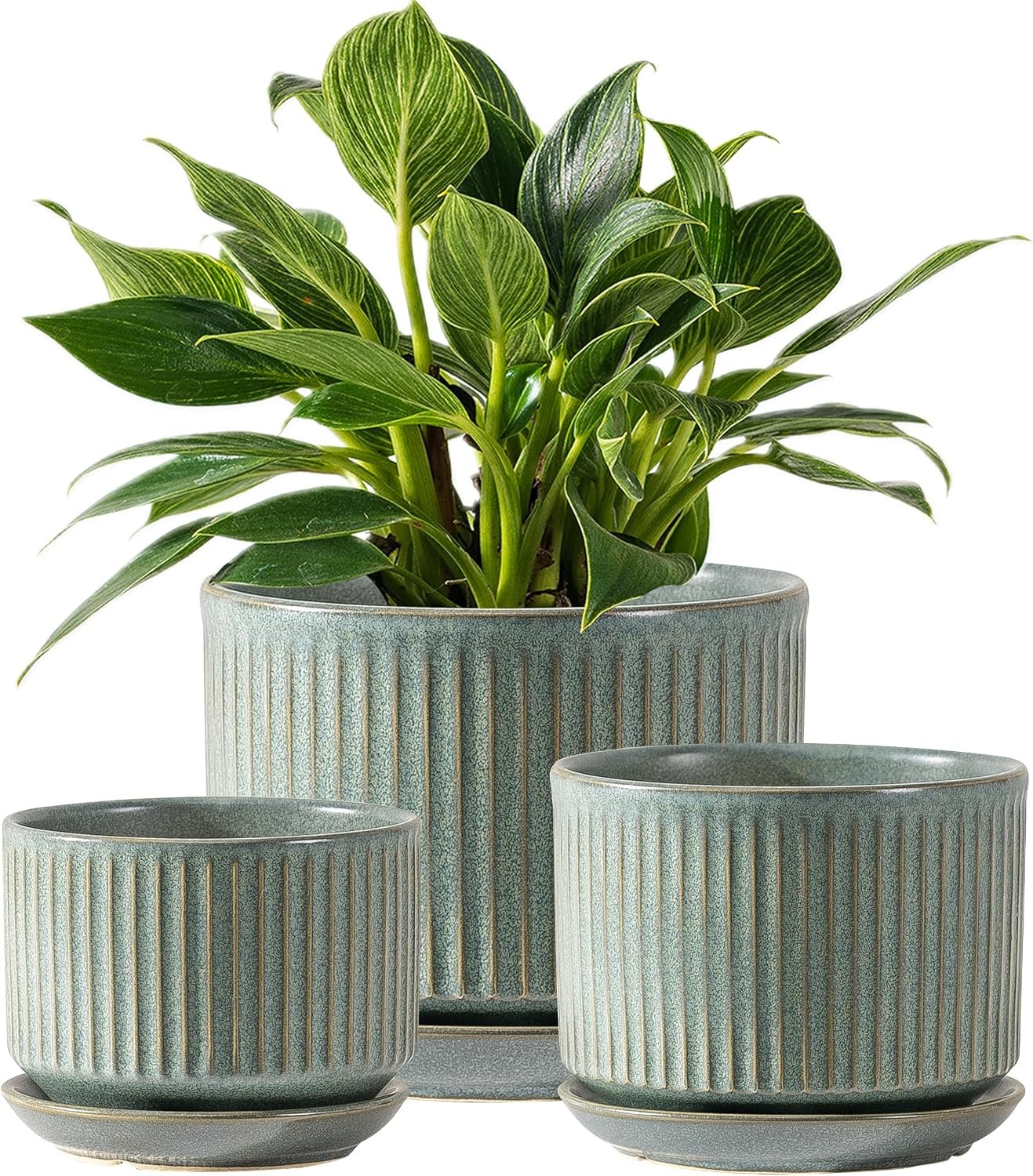 SURE YUESI Ceramic Plant Pots Set of 3, 4.3+5.5+6.8 Inch Indoor Outdoor Planters with Drainage Hole and Saucer, Ceramic Flower Pots for Indoor Plants, Home, Garden, Patio and Office, Matte Green