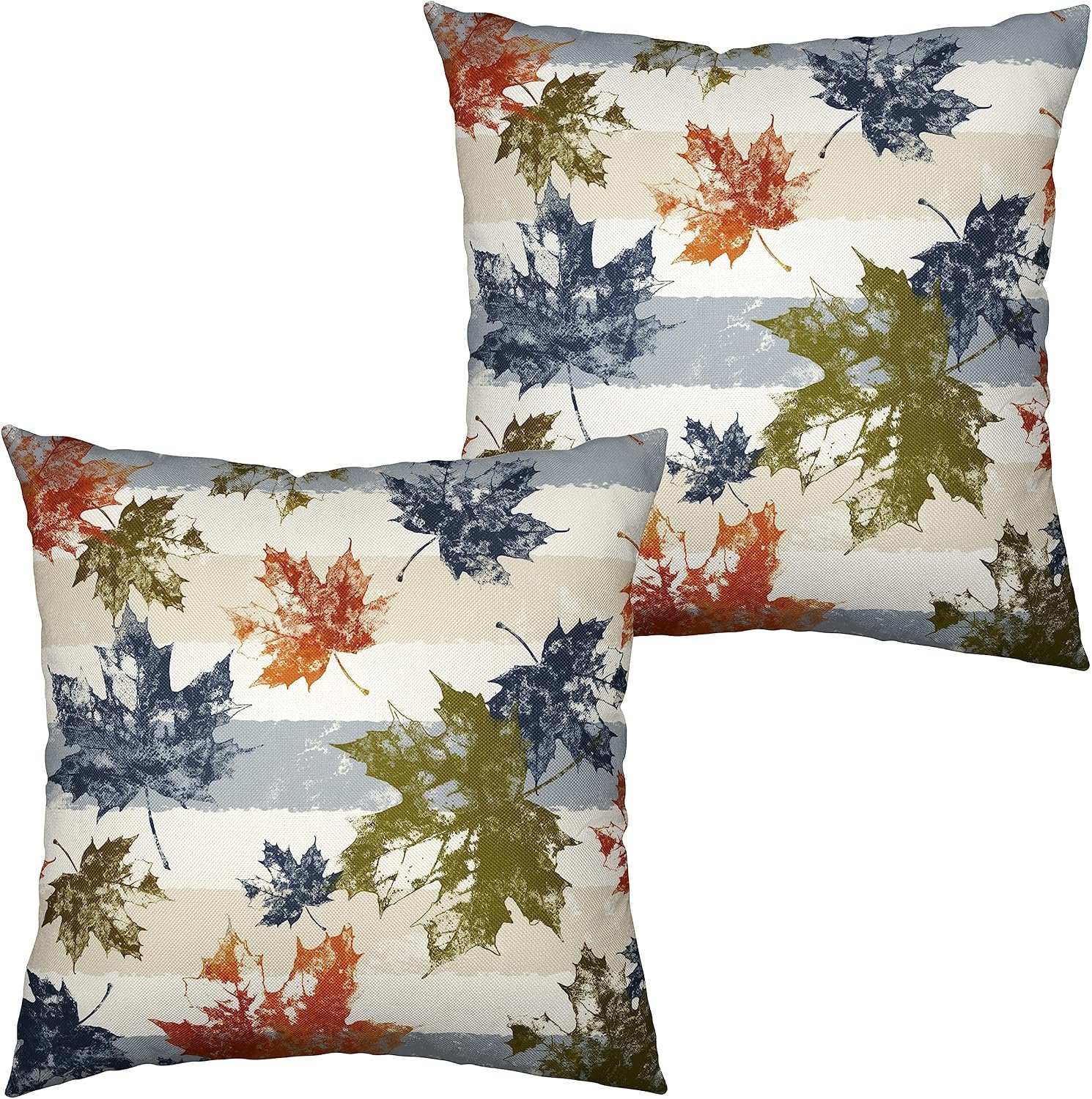 Colorful Maple Leaves Pillow Covers 18×18 Set of 2 Fall Pillow Covers Blue Beige White Stripes Decorative Pillow Cover Autumn Throw Pillow Covers for Patio Outdoor Indoor Couch