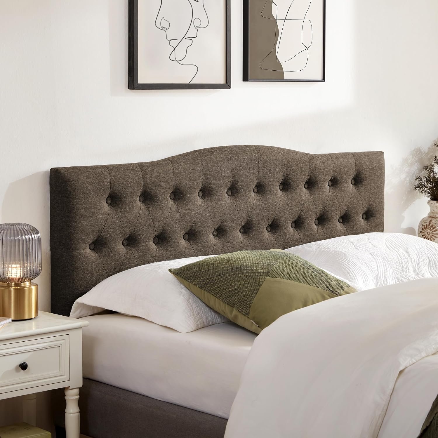 Tufted Headboard Queen Size, Solid Wood Adjustable Height Head Board, Brown