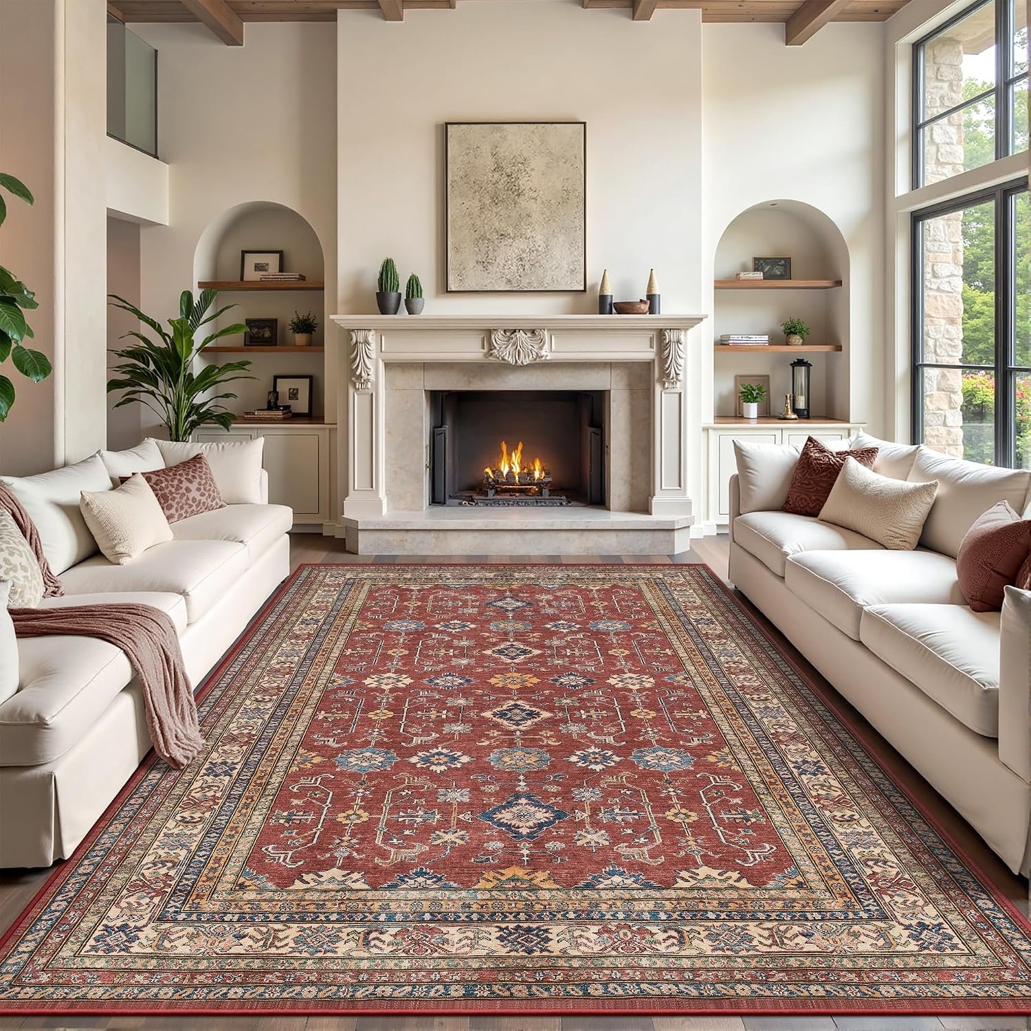 Rugland 9×12 Area Rugs for Living Room, Vintage Washable Area Rug, Burgundy