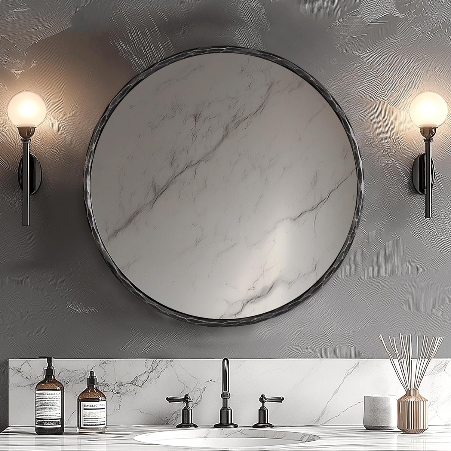 Hand-Forged Round Mirror for Wall, 24 Inch Black Solid Steel Antique Rounded Bathroom Mirror, Vintage Hammered Metal Frame Circle Mirror for Wall Decor, Vanity, Bedroom, Entryway