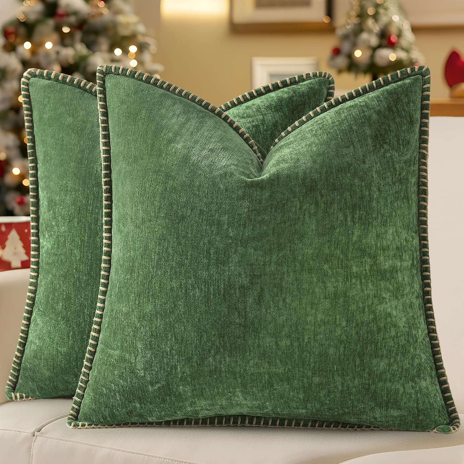 decorUhome Soft Chenille Throw Pillow Covers 18×18 Set of 2 Forest Green