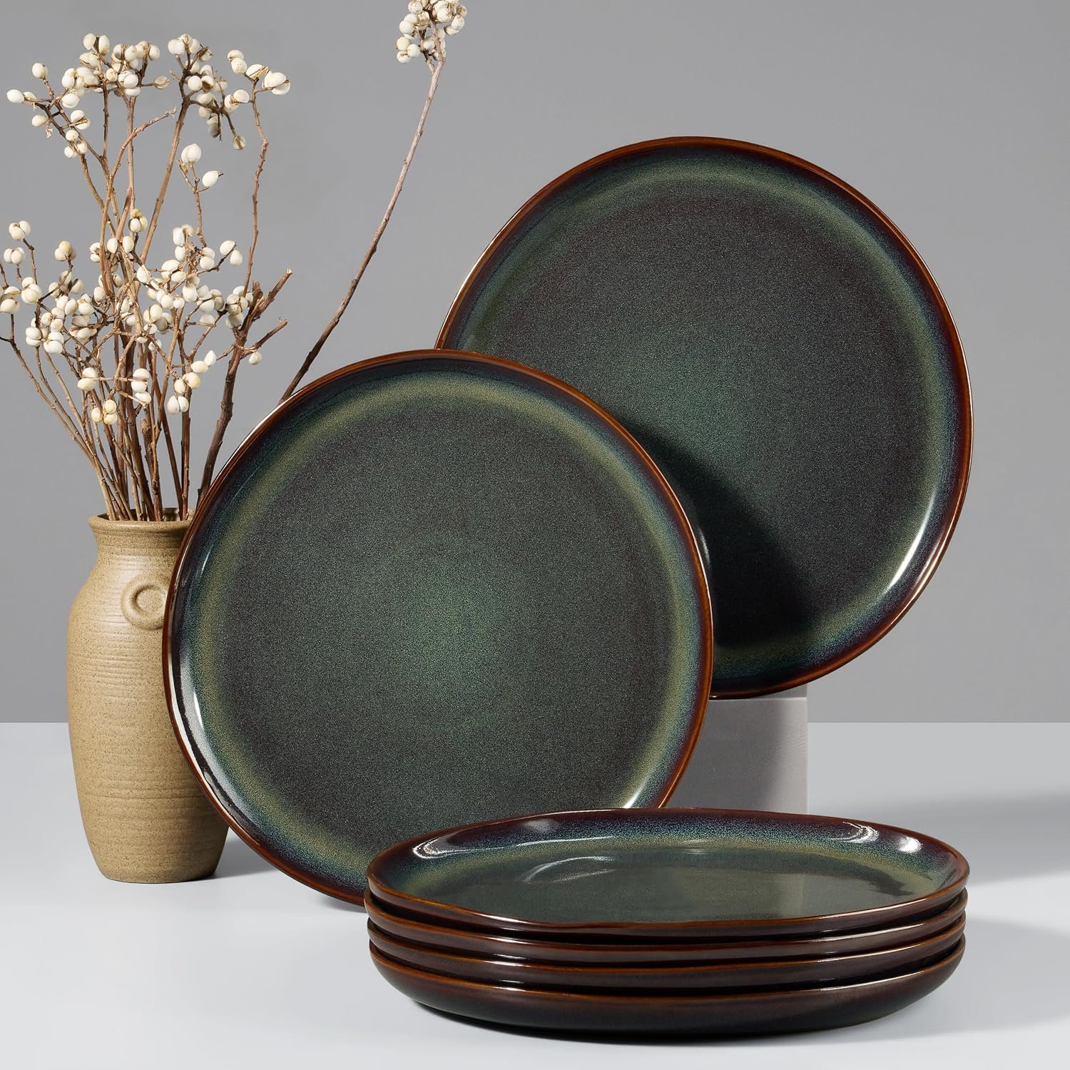 HaWare Stoneware Dinner Plates Set of 6, 10″ Heavy Duty Ceramic Plates, Reactive Glaze Dinnerware for Home Restaurant, Chip and Scratch Resistant, Microwave and Dishwasher Safe, Reactive Moss Green