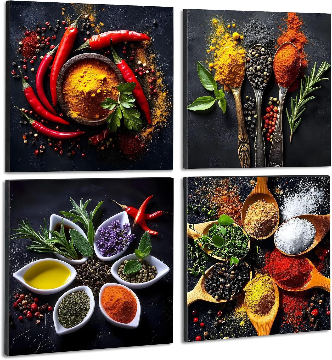 Deveosa Kitchen Wall Art Decor – 4 Pieces Colorful Spices And Spoon Kitchen Artwork Frames Food Wall Art Pictures Canvas Dining Room Modern Decorations