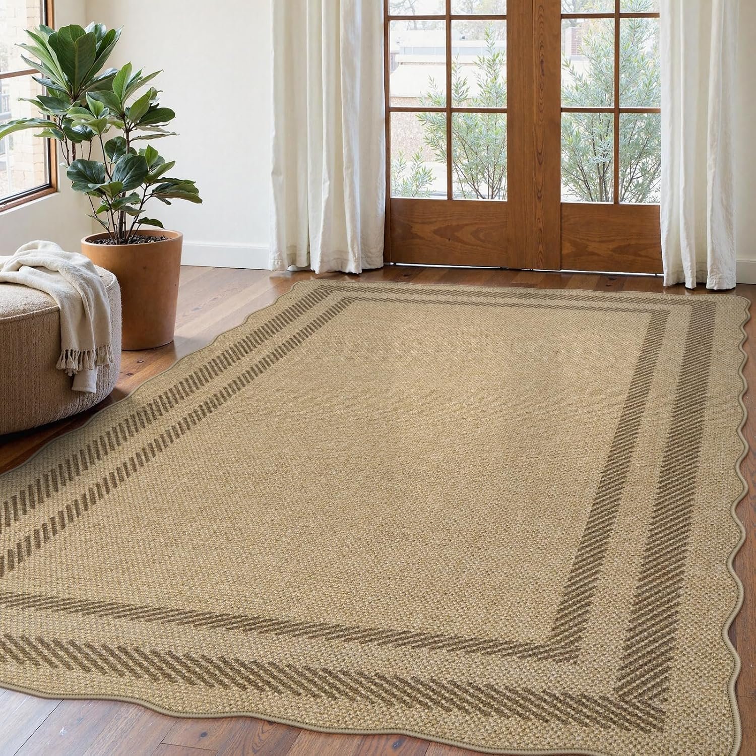 LIVEBOX Scalloped Washable 5×7 Outdoor Rug, Easy Jute Tan Rugs for Living Room, Indoor Geometric Rug for Bedroom, Farmhouse Non-Slip Rug Dining Room Mat Modern Carpet Area Rug for Patio Home Office