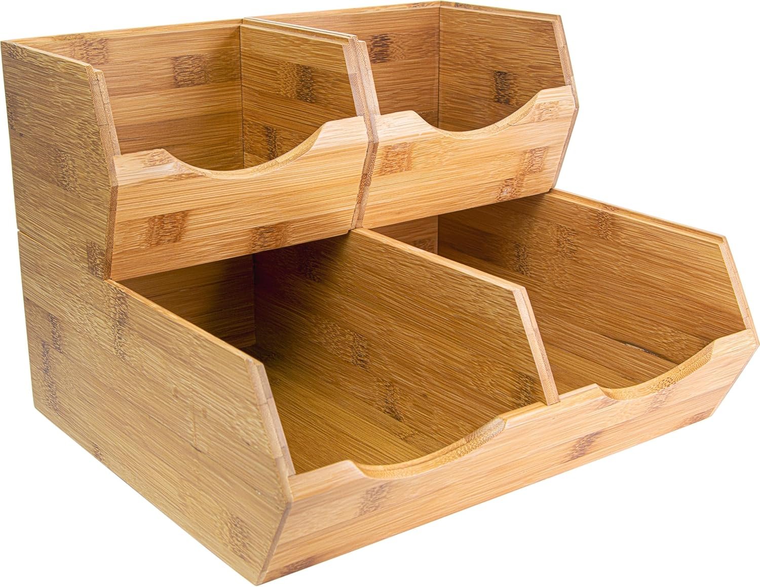 HOMESTEAD Bamboo Pantry Storage Bins – Stackable Potato & Onion Storage Bin for Kitchen Countertop, Pantry Organizer, Fruit & Vegetable Basket, Multiuse, Set of 3, Slide-Out Access