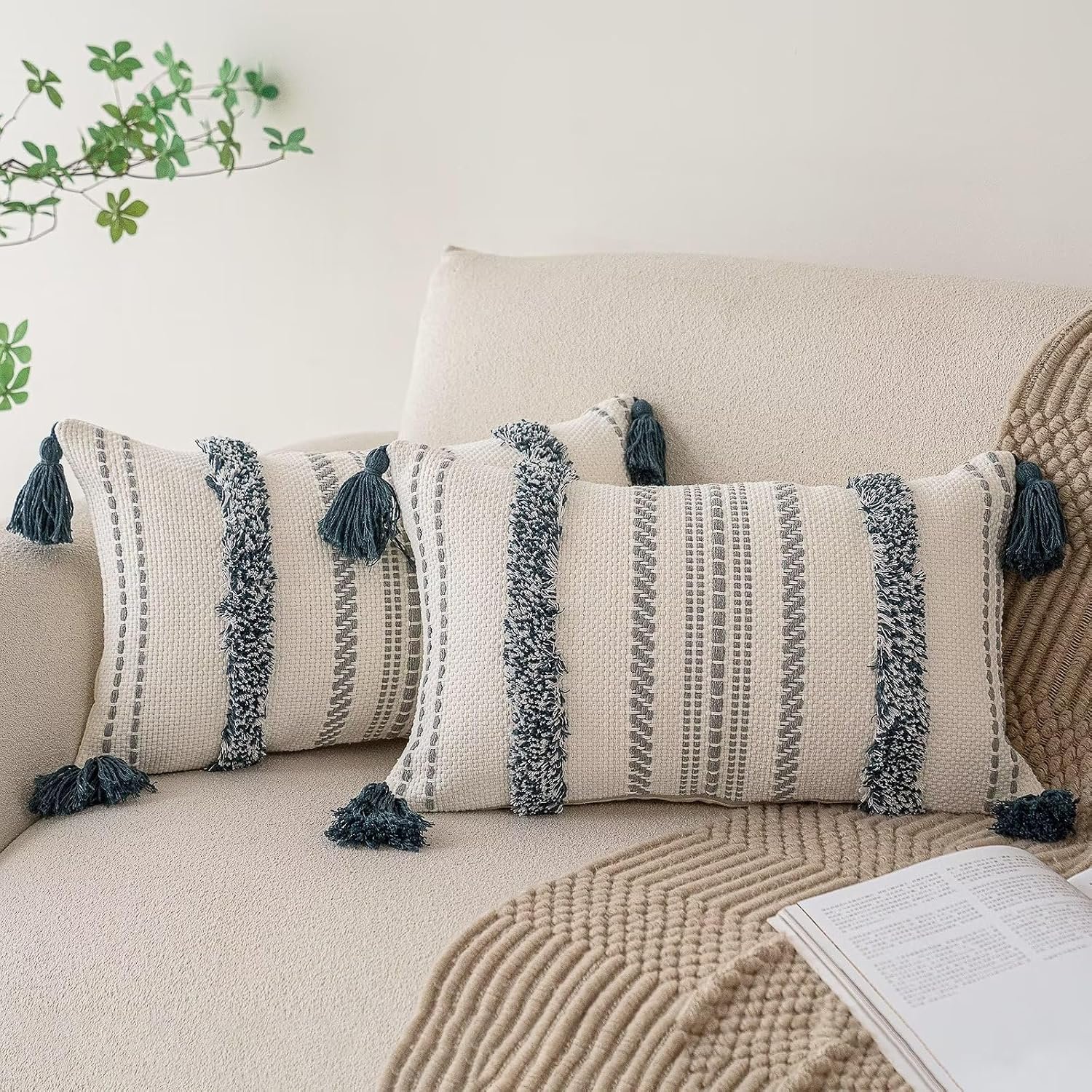BUIOVBEY Boho Throw Pillow Covers Woven Tufted Pillow Cases with Tassels