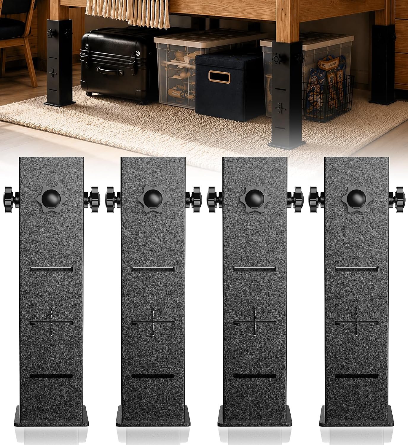 College Dorm Bed Risers Heavy Duty Extra Tall – 2/4/6″ Aadjustable Height, Thickened Steel Bed Risers Fit Bed Legs Up to 2.2“, Wide Base Bed Extenders for Dorm, Metal Dorm Bed Lifting Kit