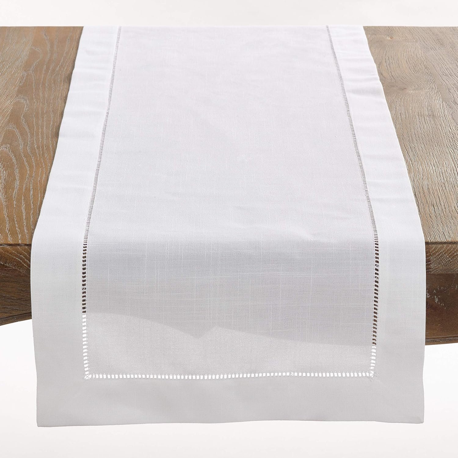 SARO LIFESTYLE Classic Hemstitch Table Runner – Elegant Everyday Table Runner with Textured Fabric and Hemstitched Border for Dining Tables and Formal Entertaining, 16″x120″, White