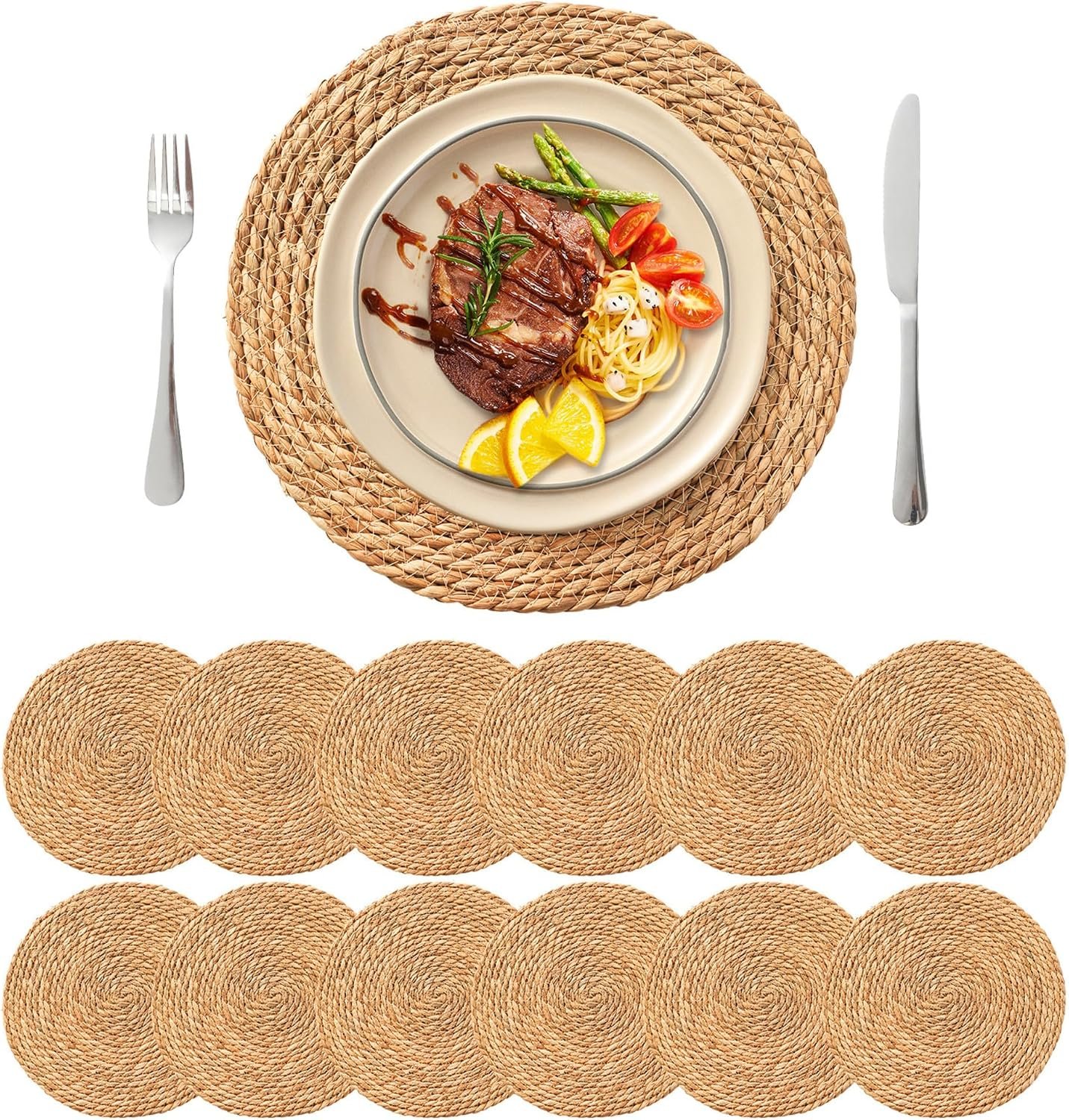 13.8” Round Woven Placemats Set of 12, Boho Wicker Chargers, Terrekraft