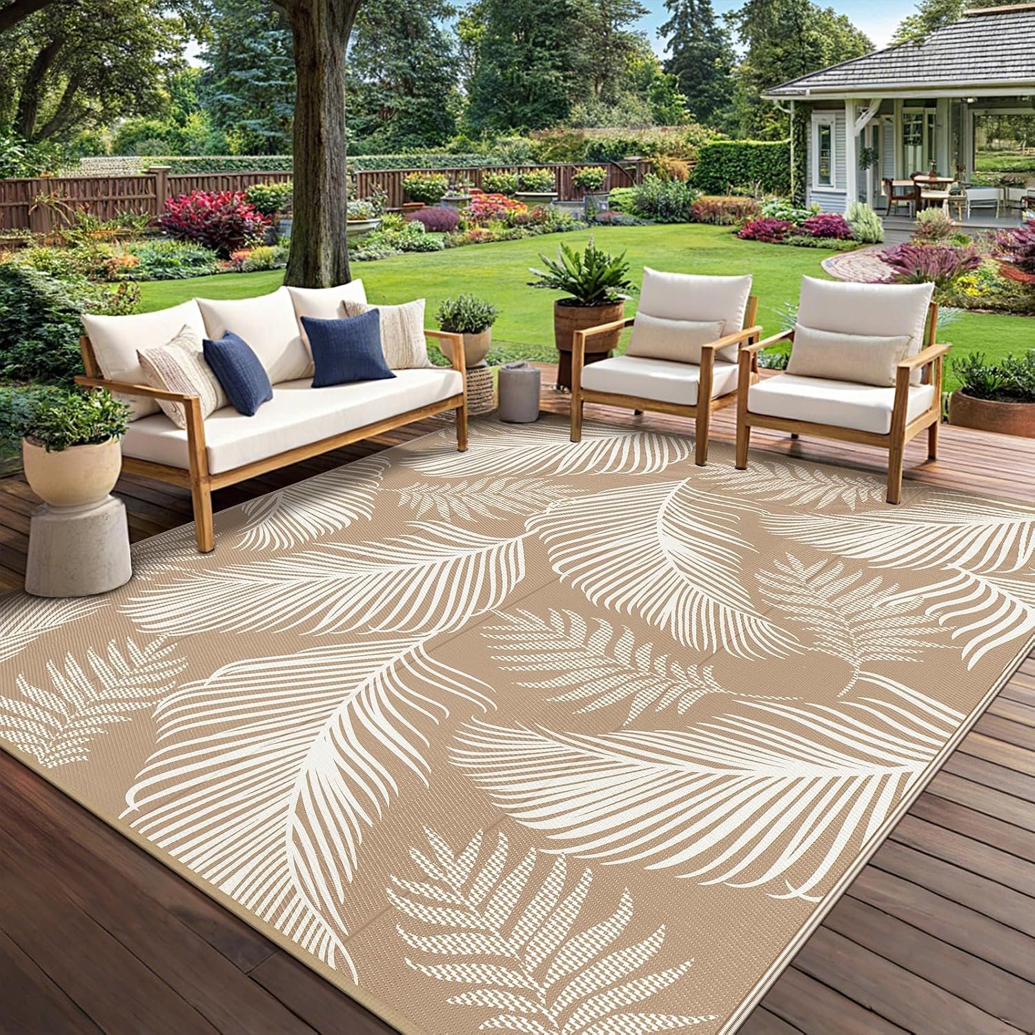 Pauwer Waterproof Outdoor Rug 8×10, Plastic Straw Patio Rug, Leaf Brown