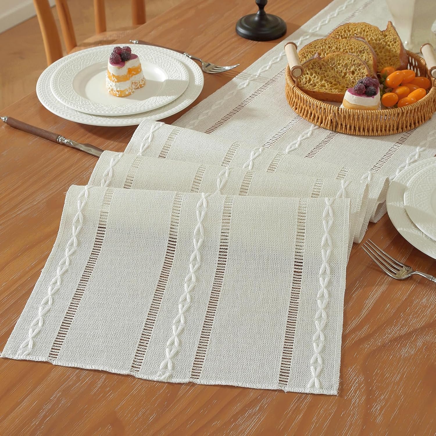 Boho Cotton Linen Beige Table Runner, Ivory Farmhouse Woven Table Runners Spring Summer Holiday Kitchen Dining Table Decoration for Home Party Decor 13 x 72