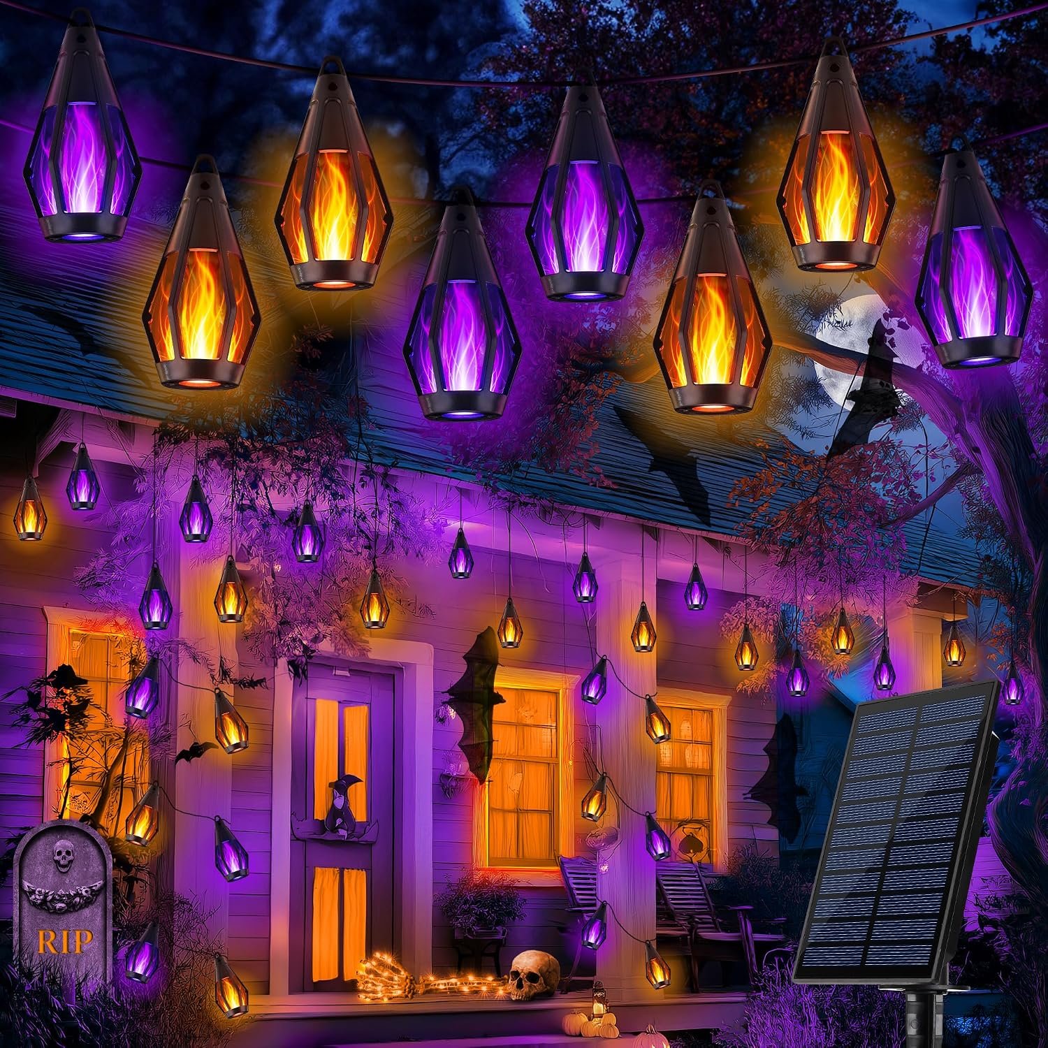 27FT 10 LED Solar Flame Halloween String Lights, Warm White+Purple