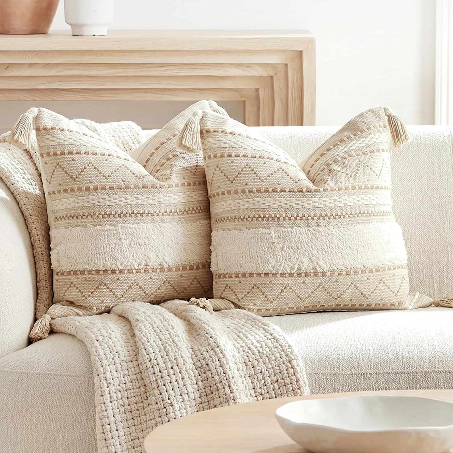BlissBlush Decorative Throw Pillow Covers 20×20 Combo Set of 2 Square Cream Neutral White Boho Accent Pillowcase Tassels Farmhouse Cushion for Couch Sofa Bedroom Living Room Home Décor Cover ONLY