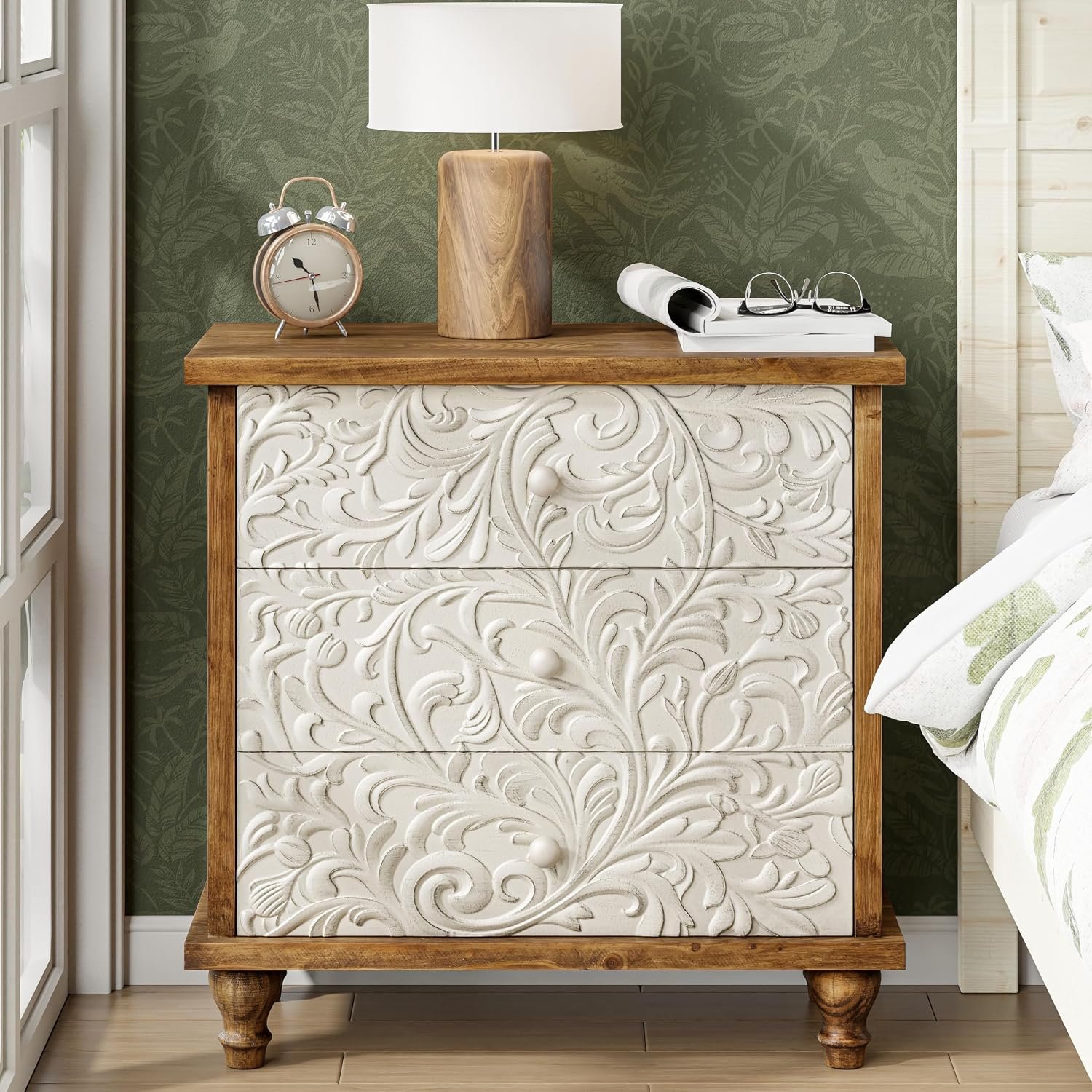 3 Drawer Farmhouse Dresser with Embossed Weathered Flower Motif