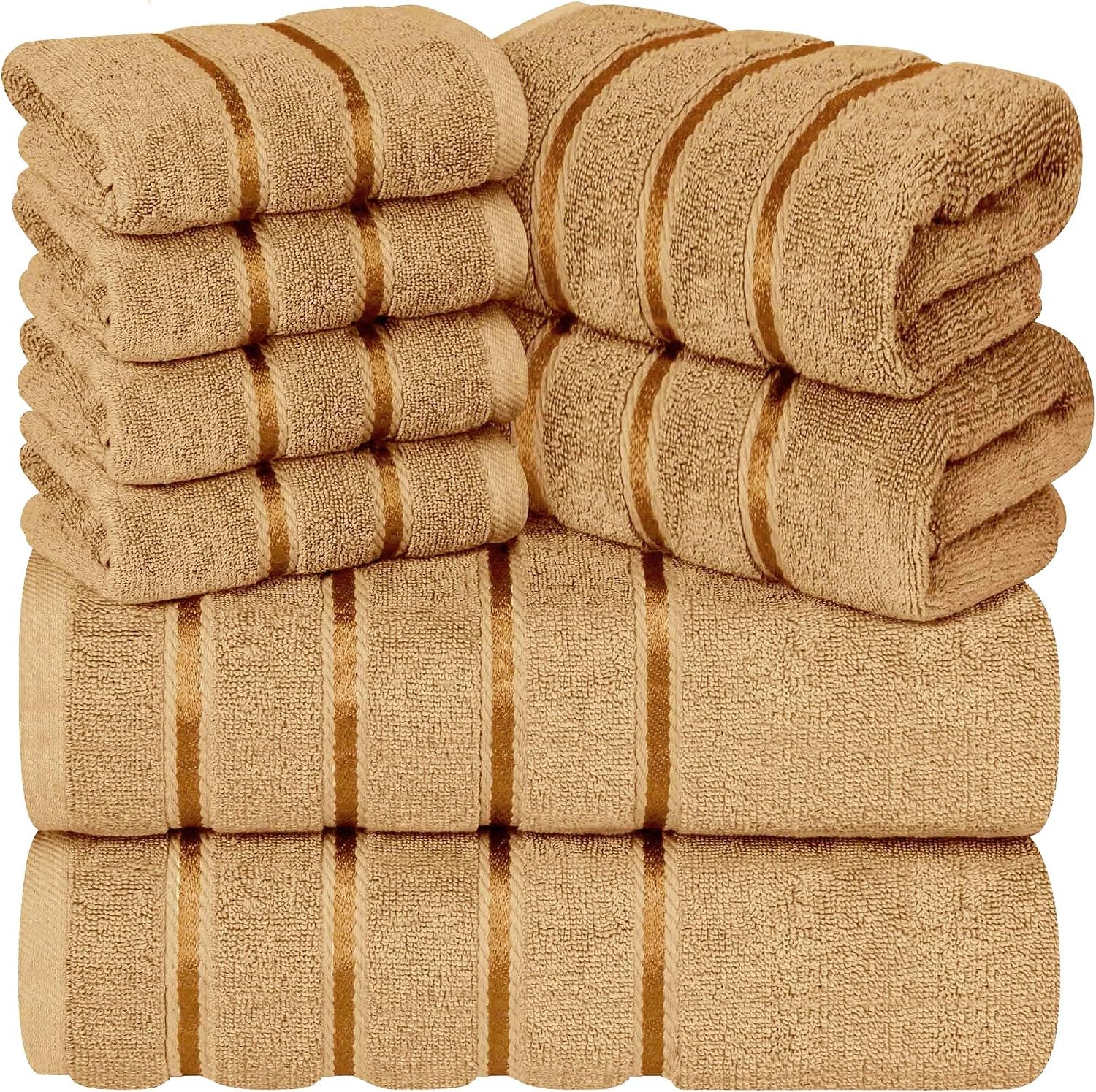 Luxury Towels for Bathroom Set of 8-2 Bath Towels 2 Hand Towels 4 Washcloths – 600 GSM 100% Cotton Ring Spun Viscose Border Towels Set – Beige