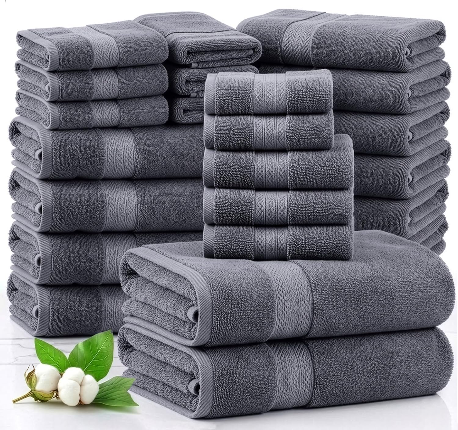 LANE LINEN 100% Cotton Bath Towels Set – 24 PCs – Durable, Quick Dry, Super Soft & Highly Absorbent – 4 Bath, 4 Fingertip, 6 Hand Towels, 8 Washcloths, 2 Bath Sheets – Perfect Family Set – Cool Grey