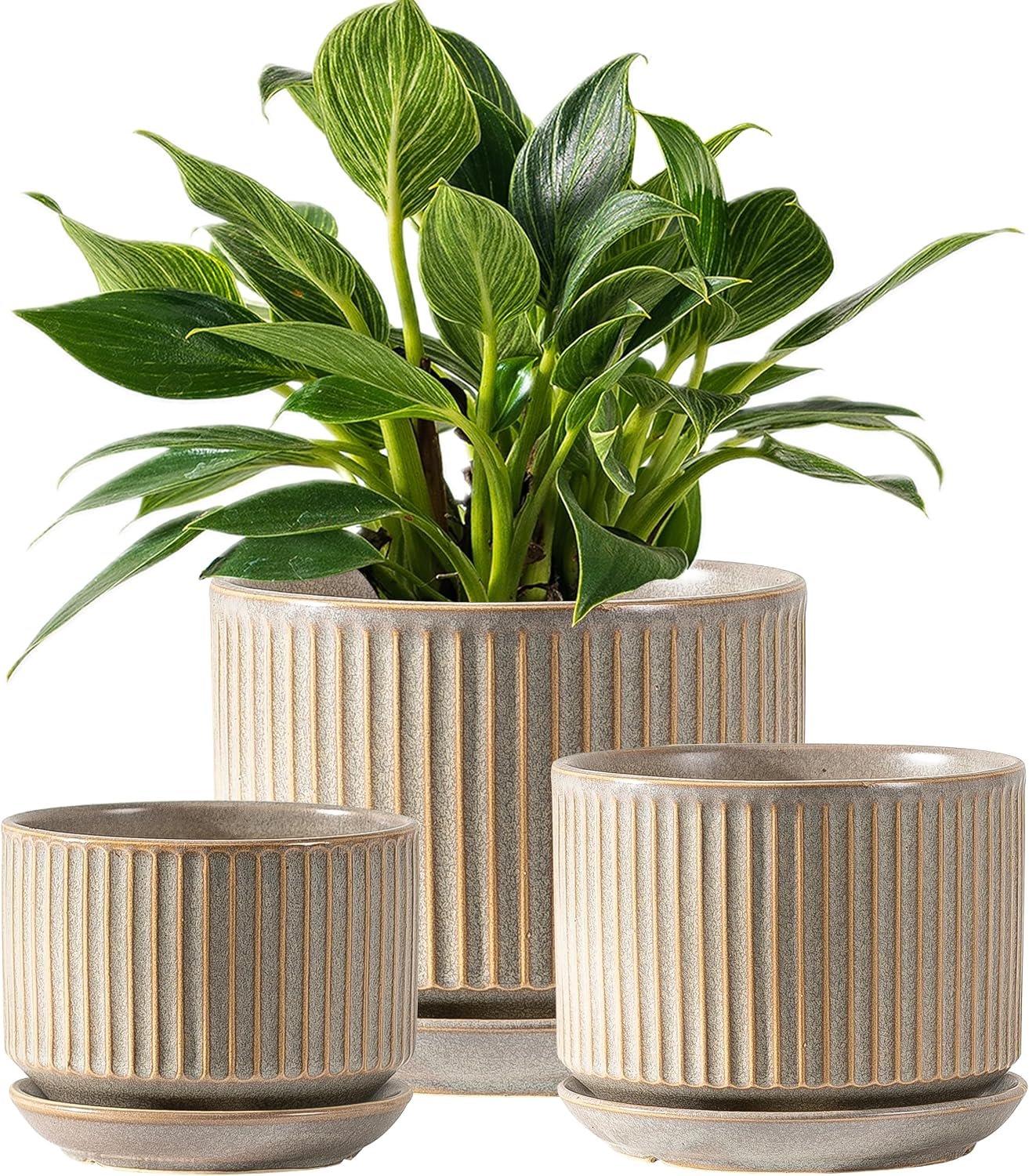 SURE YUESI Ceramic Plant Pots Set of 3, 4.3+5.5+6.8 Inch Indoor Outdoor Planters with Drainage Hole and Saucer, Ceramic Flower Pots for Indoor Plants, Home, Garden, Patio and Office, Matte Grey