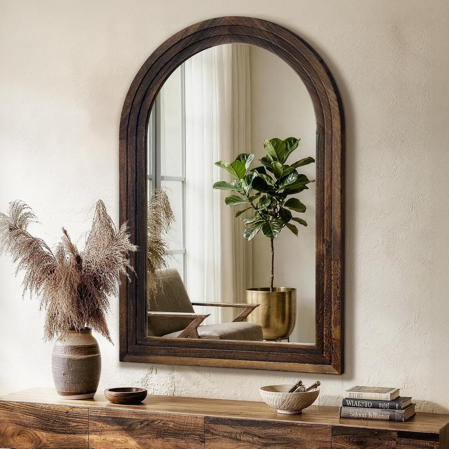 Arched Bathroom Mirror, 36″x24″ Brown Wood Frame Wall Mirror