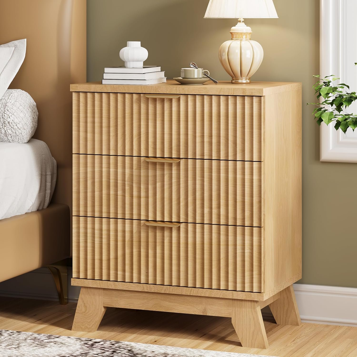Fluted Nightstand with 3 Drawers, 24″ Wide Side Table, Natural Oak