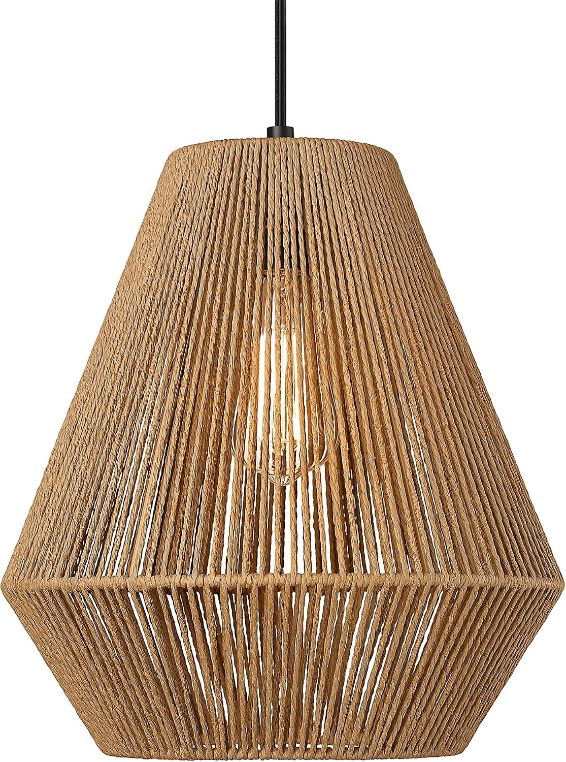 ELYONA Woven Pendant Lights Modern Boho Hanging Lamp with 12″ Handwoven Rattan Basket Shade Adjustable Rustic Pendant Light Fixtures for Kitchen Island Farmhouse Dining Room Bar Bedroom Foyer Hallway