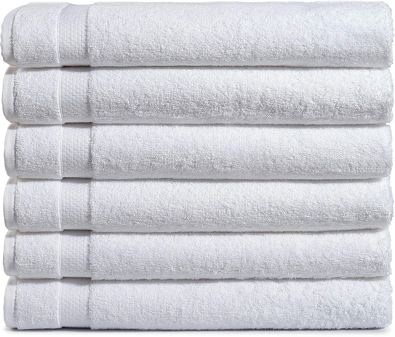 Amazon Basics 6-Pack Bath Towels, 100% Ring Spun Cotton, 600 GSM, Lightweight and Highly Absorbent, Quick Drying, Hotel Quality, 27 x 54 inches, White