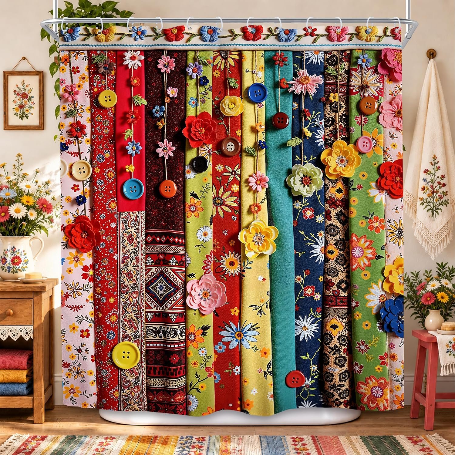 Boho Patchwork Faux 3D Floral Button Design Shabby Retro Shower Curtain Set