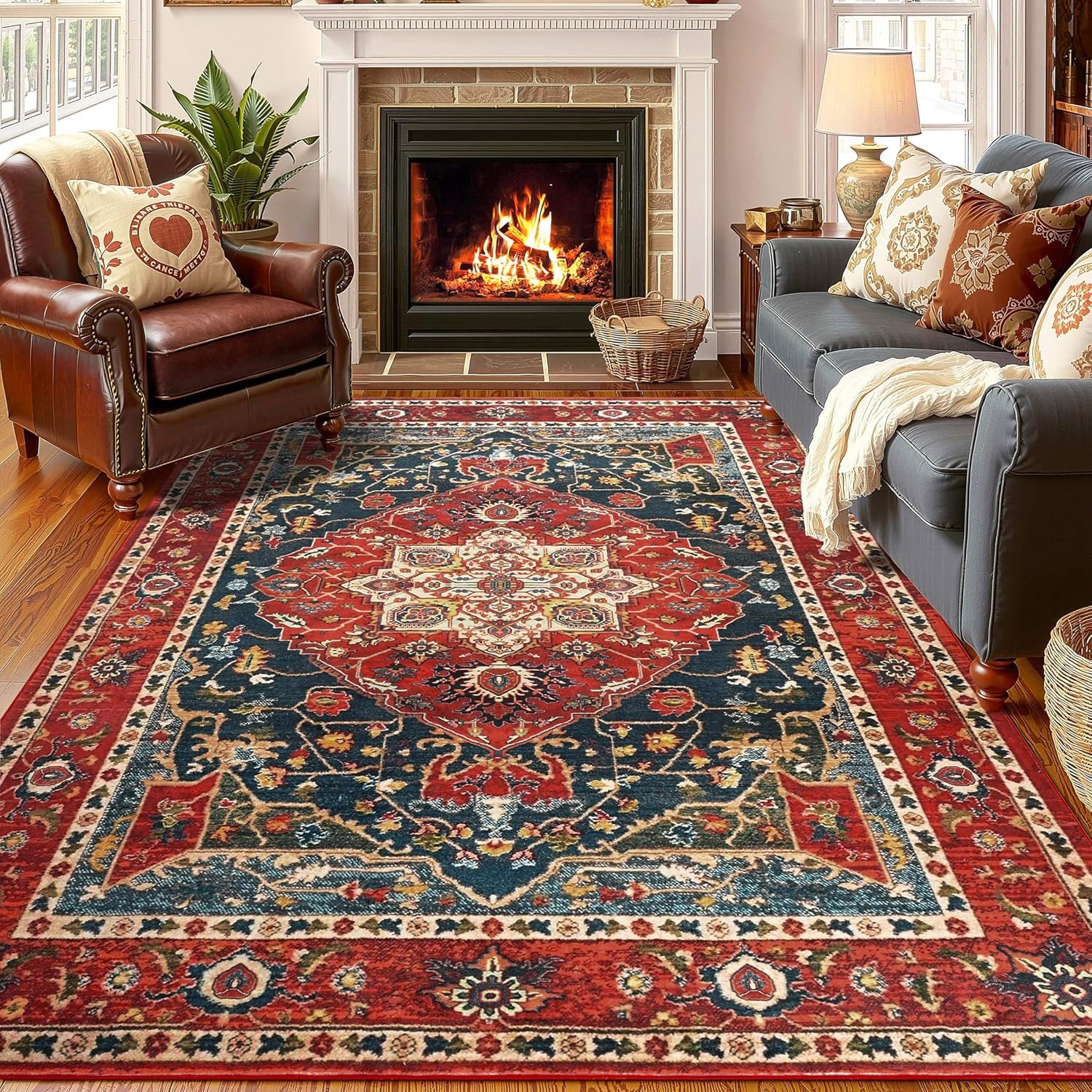 Area Rugs for Living Room 5×7 Machine Washable Rugs, Non Slip Floral Vintage Rug Indoor Carpet, Stain Resistant Large Rug for Bedroom Dining Room, Orange-Red