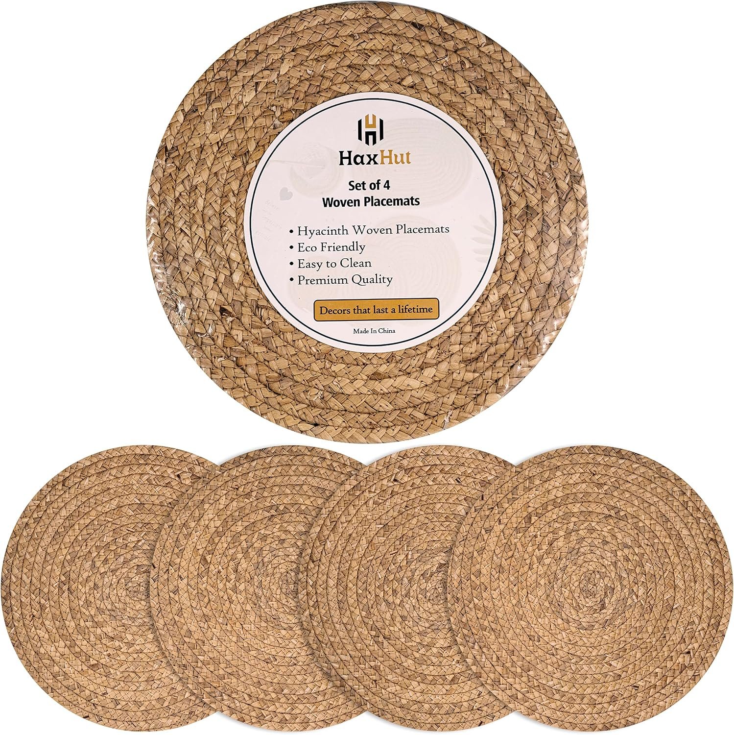 Round Woven Placemats Set of 4, Wicker Placemats for Dinner Plates | 13.5 Inch Natural Rattan Boho Style Braided Place Mats, Non-Slip, Heat Resistant, Dining Table Chargers with Bag for Storage