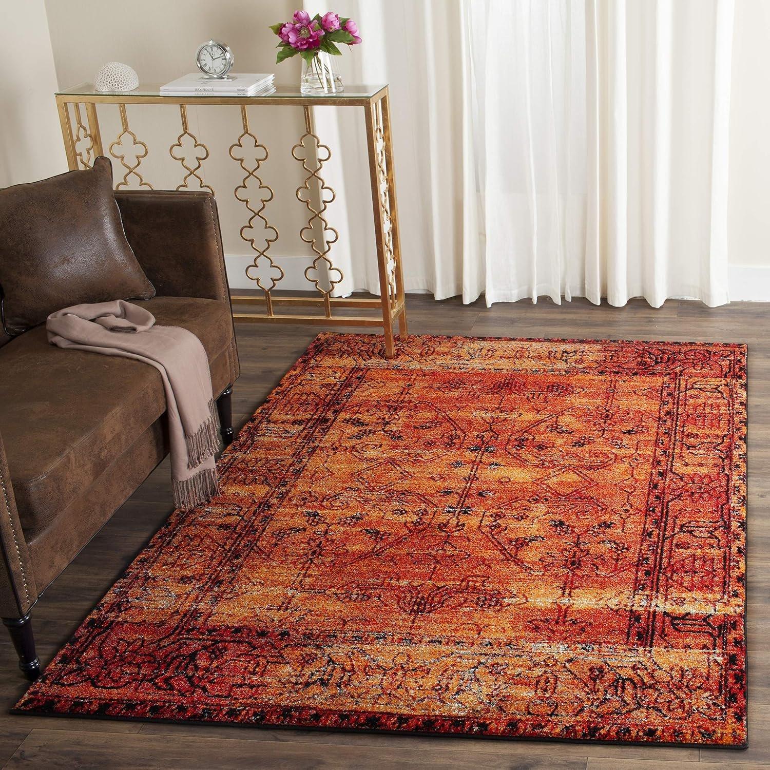SAFAVIEH Vintage Hamadan Collection Area Rug – 5’3″ x 7’6″, Orange, Oriental Traditional Persian Design, Non-Shedding & Easy Care, Ideal for High Traffic Areas in Living Room, Bedroom (VTH216C)