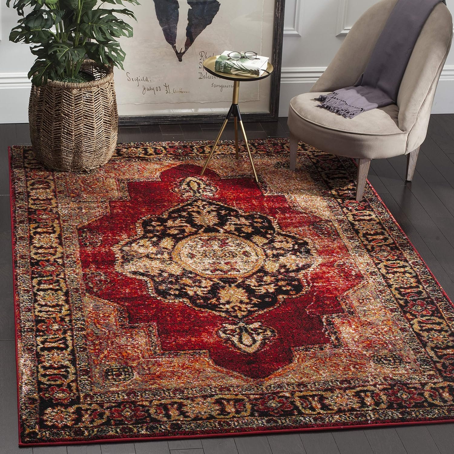 SAFAVIEH Vintage Hamadan Collection Area Rug – 6’7″ x 9′, Red & Multi, Oriental Traditional Persian Design, Non-Shedding & Easy Care, Ideal for High Traffic Areas in Living Room, Bedroom (VTH219A)